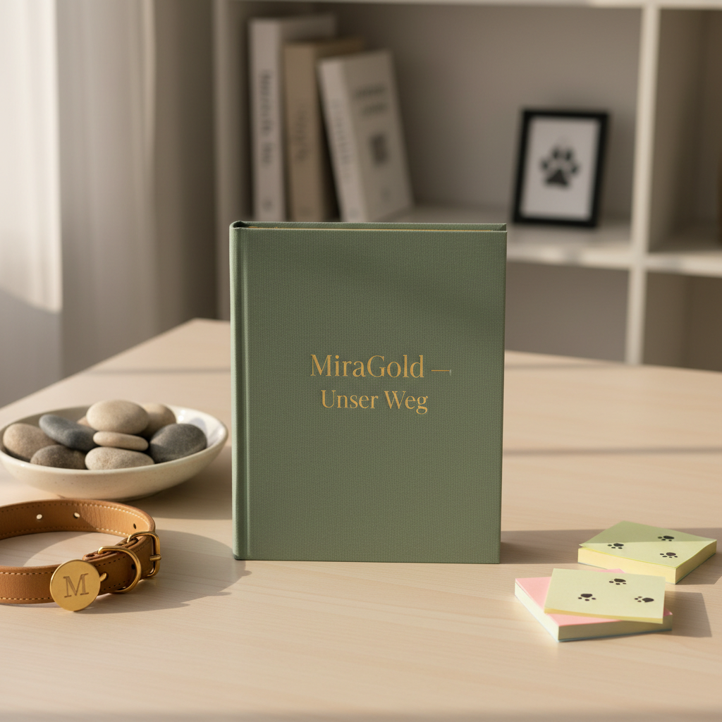A closed, hardcover pet diary with a muted sage-green fabric cover and a subtle embossed gold title “MiraGold – Unser Weg” lies centered on a tidy desk. Around it are carefully stacked pastel sticky notes with small paw-print doodles, a porcelain bowl filled with polished river stones, and a single dog collar with a brass name tag resting gently nearby. Behind, out of focus, stands a minimalist white bookshelf with a few neatly arranged books and a small framed paw print. Late afternoon natural light filters in from the left, creating a warm, professional glow and soft highlights on the gold embossing. Photographic realism, eye-level composition with balanced framing and crisp focus, radiating a sense of organization, reliability, and gentle emotional support in pet companionship.