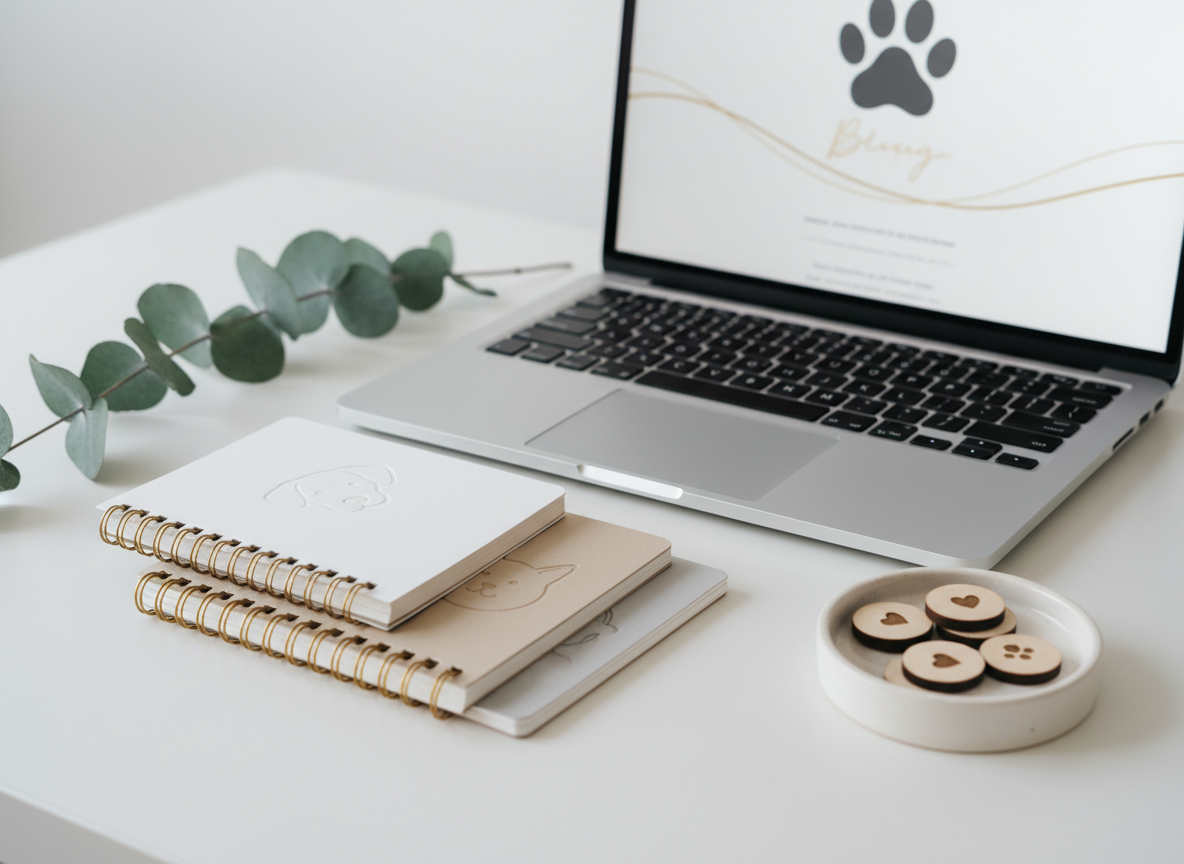 A thoughtfully styled blog header scene with a sleek silver laptop displaying a blurred blog layout featuring a large paw-print logo and soft gold accent lines. In front of the laptop sits a small stack of pet-themed notebooks in soft white, sand, and dove-gray tones, each with minimalist icons of a dog, cat, and rabbit subtly debossed on the covers. A ceramic dish containing neatly arranged wooden tokens engraved with tiny hearts and paws rests to the side. The desk surface is matte white, uncluttered, with a single eucalyptus branch adding organic texture. Soft studio lighting creates even illumination, gentle shadows, and a professional, trustworthy feel. Photographic realism, slightly angled side view with moderate depth of field, capturing the organized, informative atmosphere of a pet companionship blog workspace.