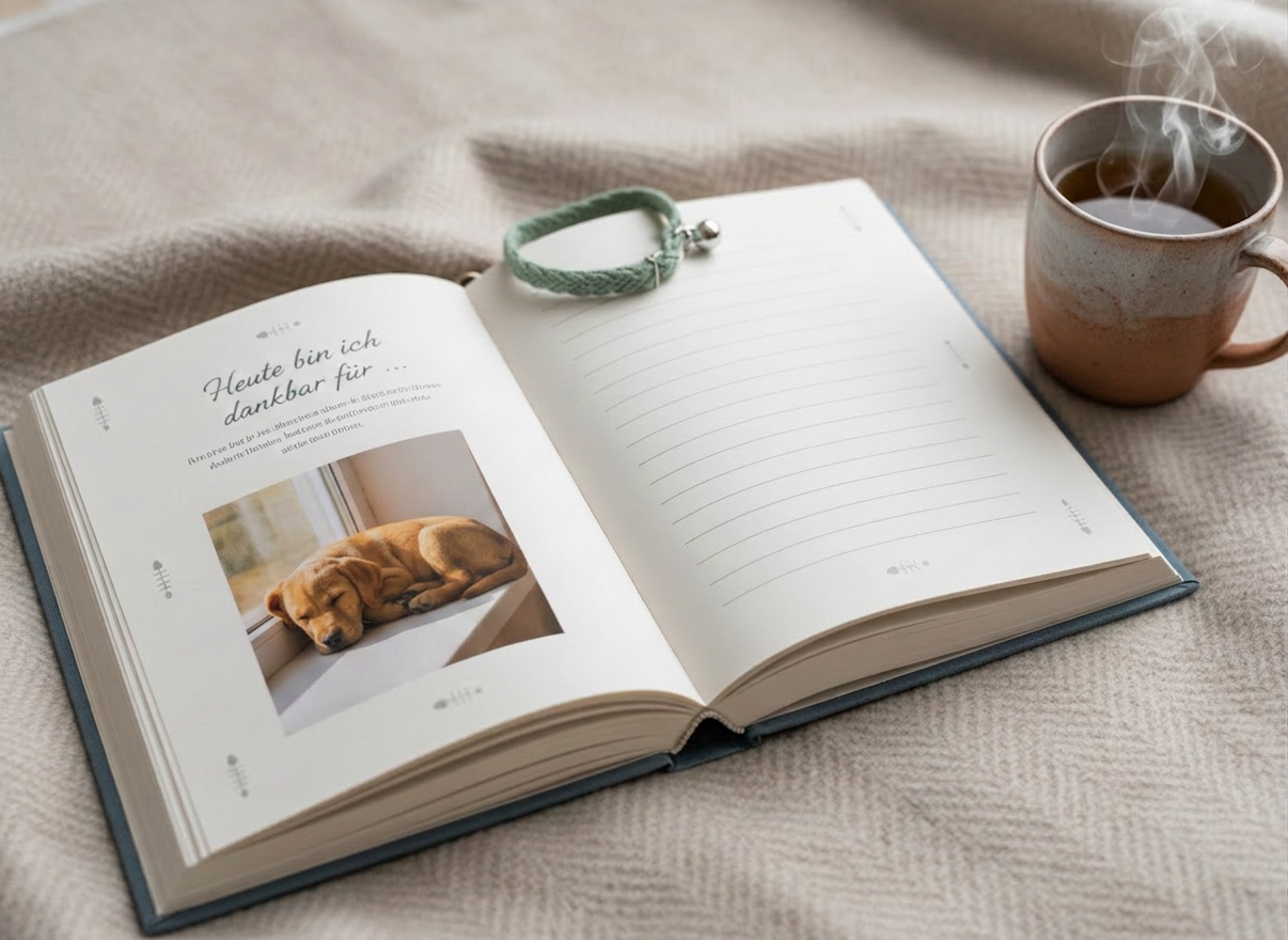 An open memory book dedicated to a cat, its thick matte pages filled with printed soft-gray prompts such as “Heute bin ich dankbar für …” and tiny illustrated fishbones in the margins. On the left page, a square photo slot holds a glossy image of a striped tabby curled on a windowsill, while the right page shows space for writing and a date line. A clay-colored ceramic mug of herbal tea sits nearby, steam curling upward, and a delicate collar with a tiny bell rests at the top edge of the book. The scene is placed on a cozy, light-wool blanket with a faint herringbone pattern, illuminated by diffused overcast daylight from above. Photographic realism, slightly elevated angle, calming and introspective mood, ideal for reflective pet journaling moments.
