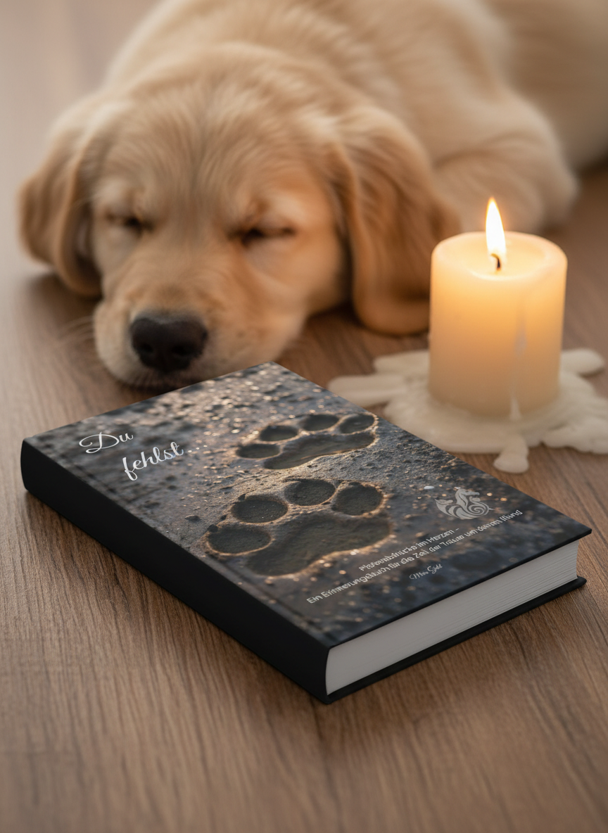 Ersetze im bestehenden Foto des aufgeschlagenen Tagebuchs mit Hund und Kerze das Buchcover durch das Originalcover von „Du fehlst… – Pfotenabdrücke im Herzen – Ein Erinnerungsbuch für die Zeit der Trauer um deinen Hund“, so dass es natürlich perspektivisch in das Foto integriert aussieht. Stil, Lichtstimmung und Hintergrund sollen zum ursprünglichen Bild mit Hund und Kerze passen.
