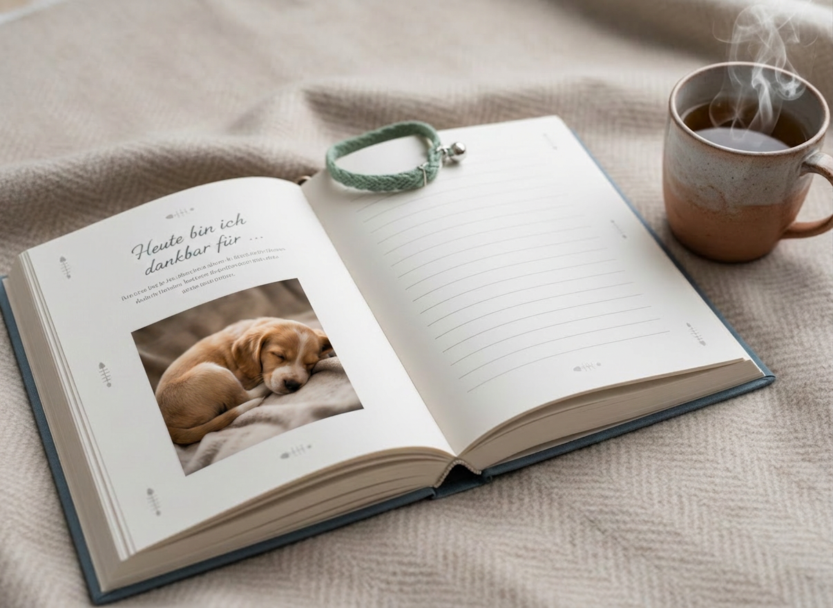 An open memory book dedicated to a cat, its thick matte pages filled with printed soft-gray prompts such as “Heute bin ich dankbar für …” and tiny illustrated fishbones in the margins. On the left page, a square photo slot holds a glossy image of a striped tabby curled on a windowsill, while the right page shows space for writing and a date line. A clay-colored ceramic mug of herbal tea sits nearby, steam curling upward, and a delicate collar with a tiny bell rests at the top edge of the book. The scene is placed on a cozy, light-wool blanket with a faint herringbone pattern, illuminated by diffused overcast daylight from above. Photographic realism, slightly elevated angle, calming and introspective mood, ideal for reflective pet journaling moments.
