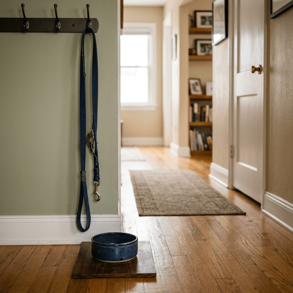 Blue dog leash hanging on hooks next to a blue water bowl on hardwood floor