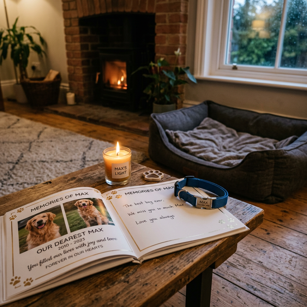Memorial book with photos and writing for dog Max, candle labeled Max's Light, and dog collar on table