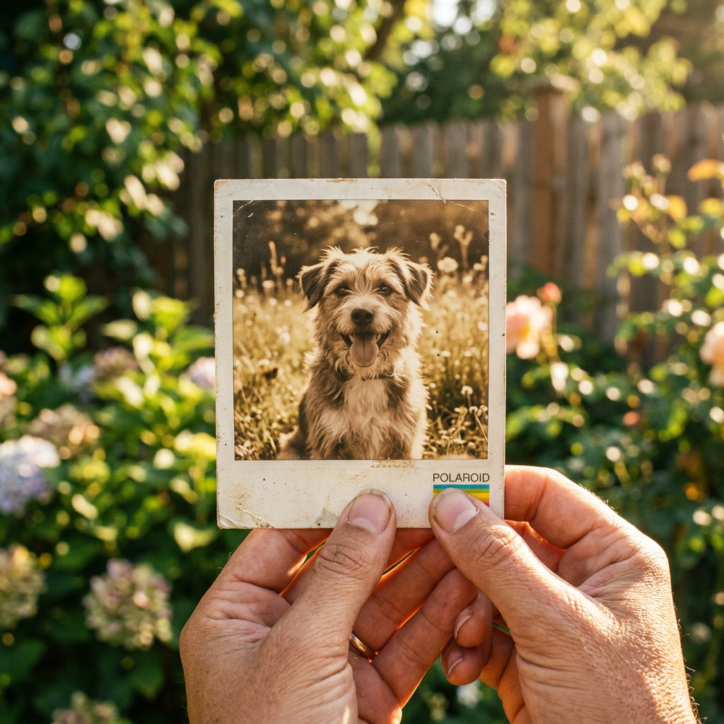 Worn Polaroid photo showing a happy dog sitting in a field