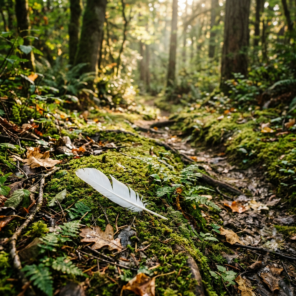 White feather on mossy ground surrounded by leaves and ferns on forest trail