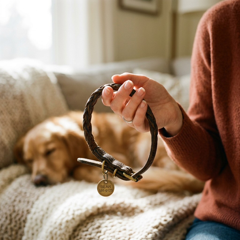Hand holding pet collar in soft light