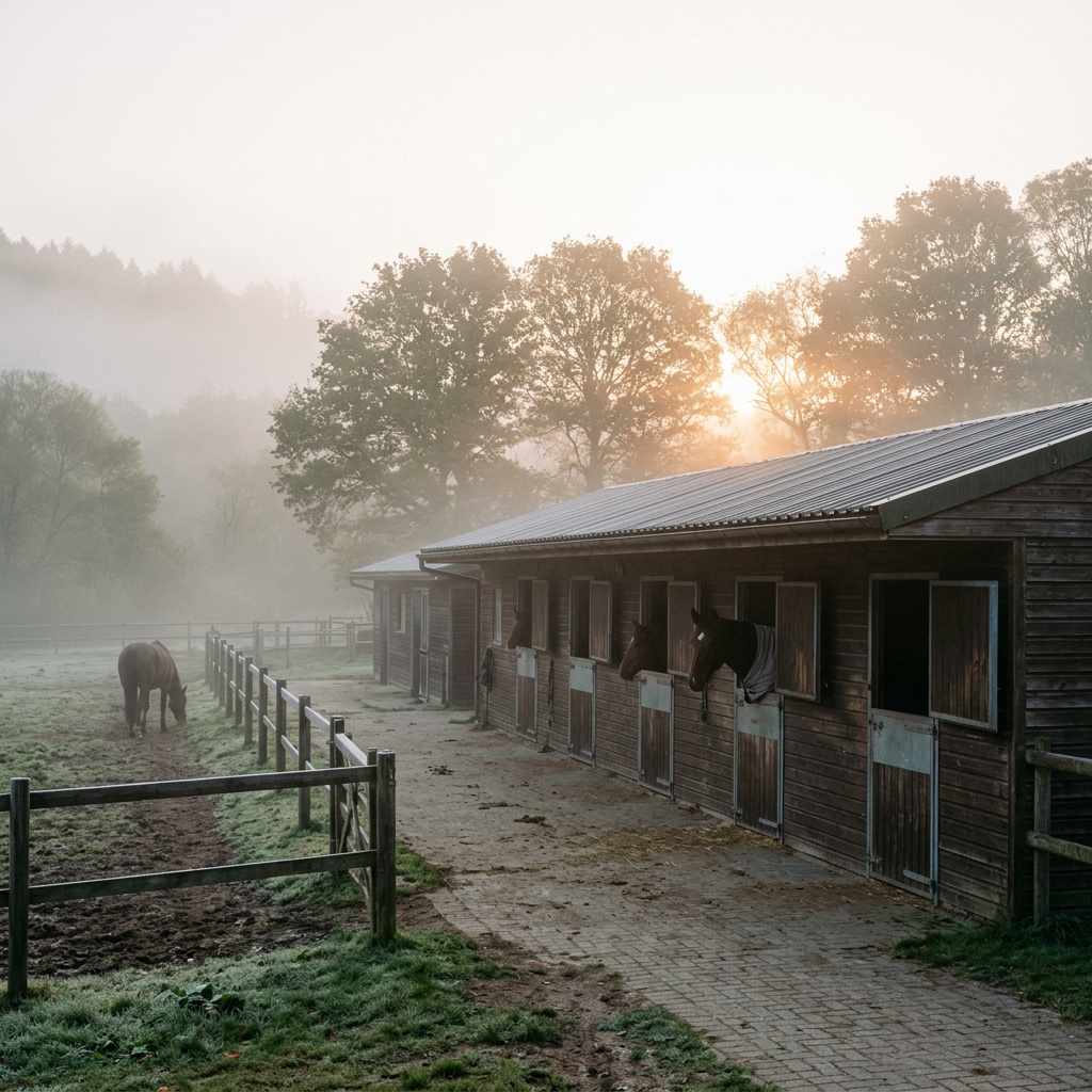 Horses standing in stalls and one grazing in a fenced pasture at sunrise with mist and trees in background